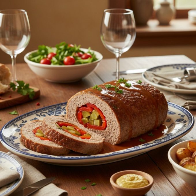 Мясной рулет с перцем и солёными огурцами