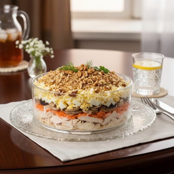 Слоёный салат с курицей и грибами «Нежность»