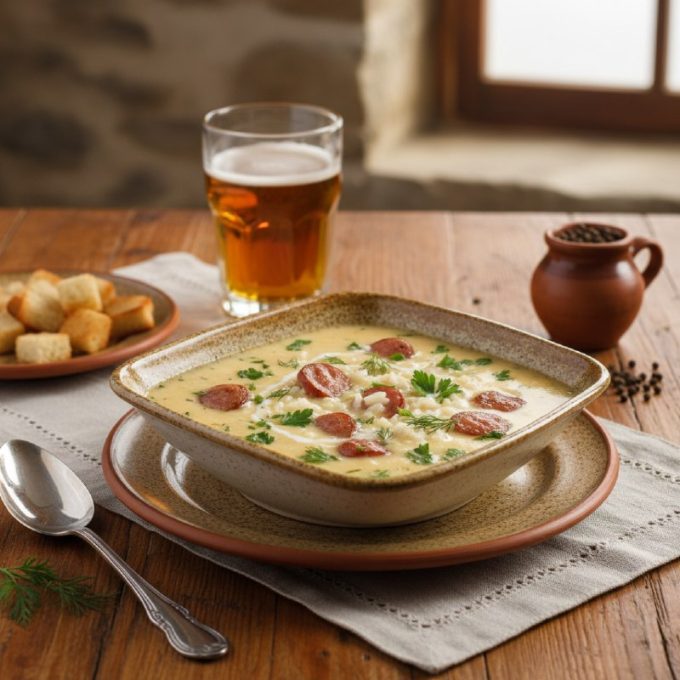 Сырный суп с копчёной колбаской и рисом
