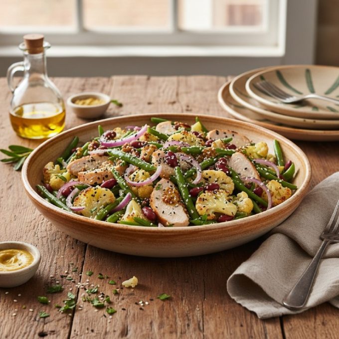 Тёплый салат с куриной грудкой, цветной капустой и фасолью