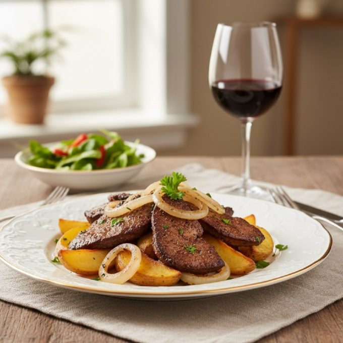 Жареная печень с картофелем и луком