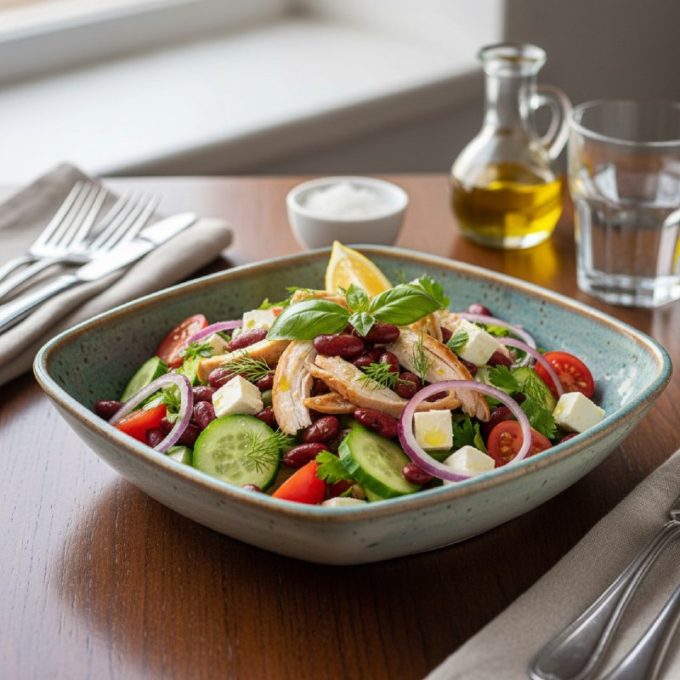 Салат с фасолью и копчёной курицей