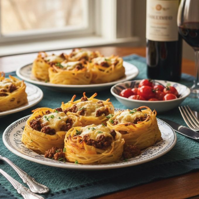 Сочные гнёзда из макарон с фаршем и сыром